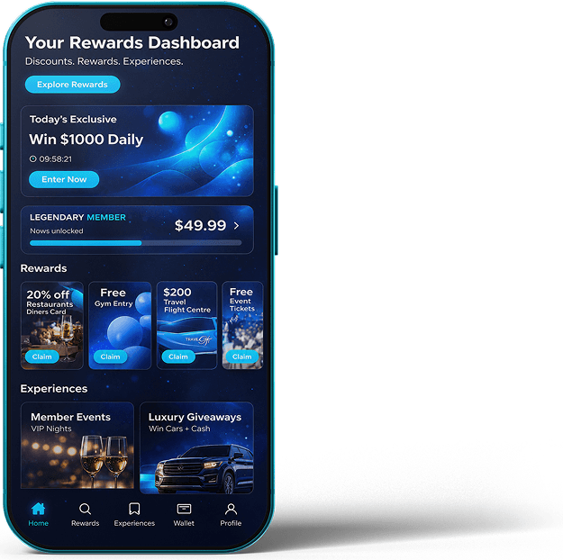 RS Rewards app dashboard showing giveaways, rewards, and experiences
